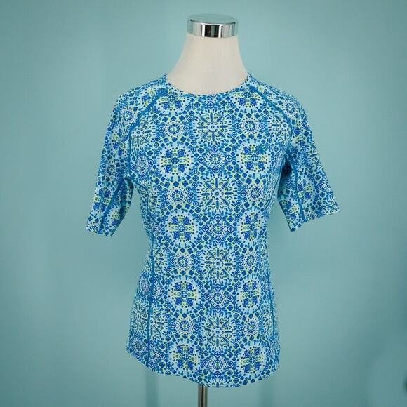 Coolibar Size XS Blue Print Hightide Crew Short Sleeve Sun Protection Swim Shirt - Picture 1 of 6